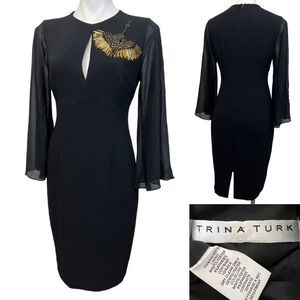 Trina Turk dress Black Keyhole Sheer Sleeve Embellished Gold Bead Sheath sz 6/8